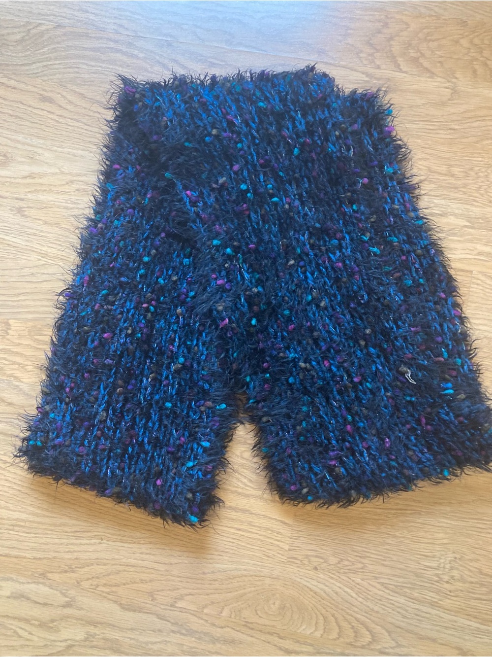 Hand Knit Infinity Scarf Blue & Black Fuzzy with Teal & Purple Accents